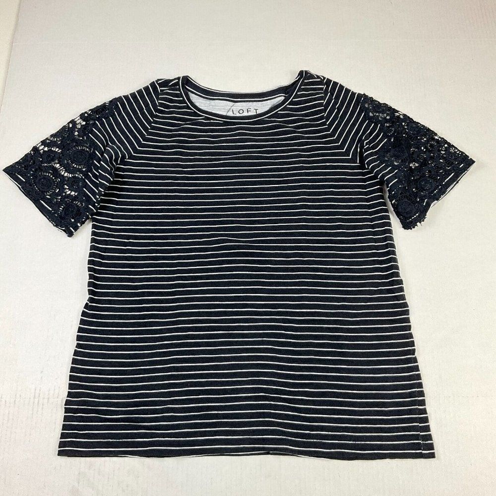 LOFT Womens Knit Top Striped Boxy Fit Shirt Cotton Lace Short Sleeve Size XS